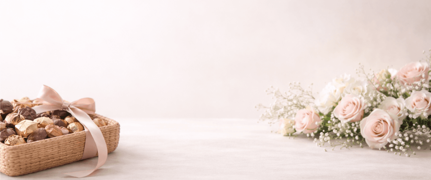 Floral gift table with baskets and wrapping